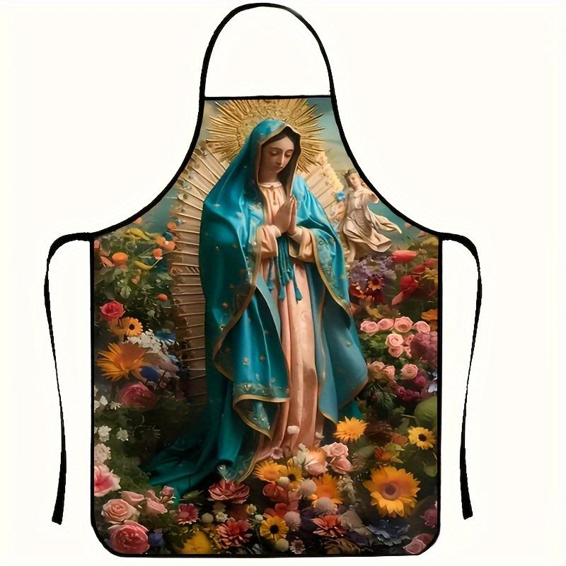 1pc Virgin Mary Print Sleeveless Apron - Vibrant Floral Design, Polyester Kitchen Baking Apron for Home Use Durable