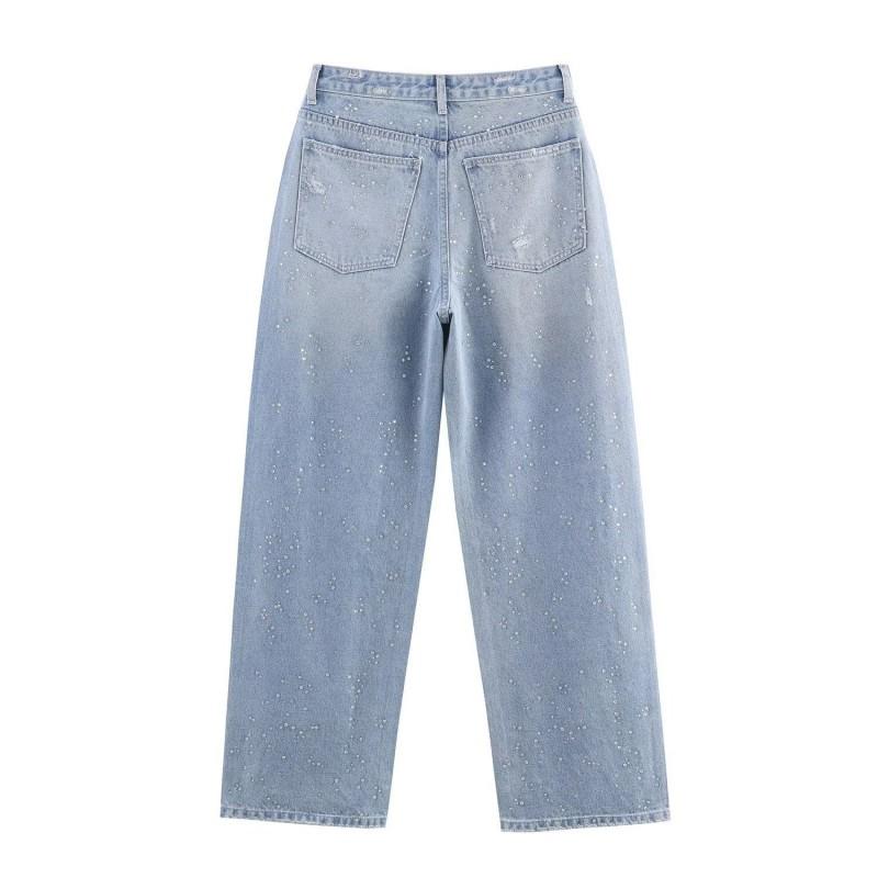 Womens Denim Jacket Pants Set With Rhinestone Embellishment Short Cropped Jean Straight Leg Jeans 2025 Fall