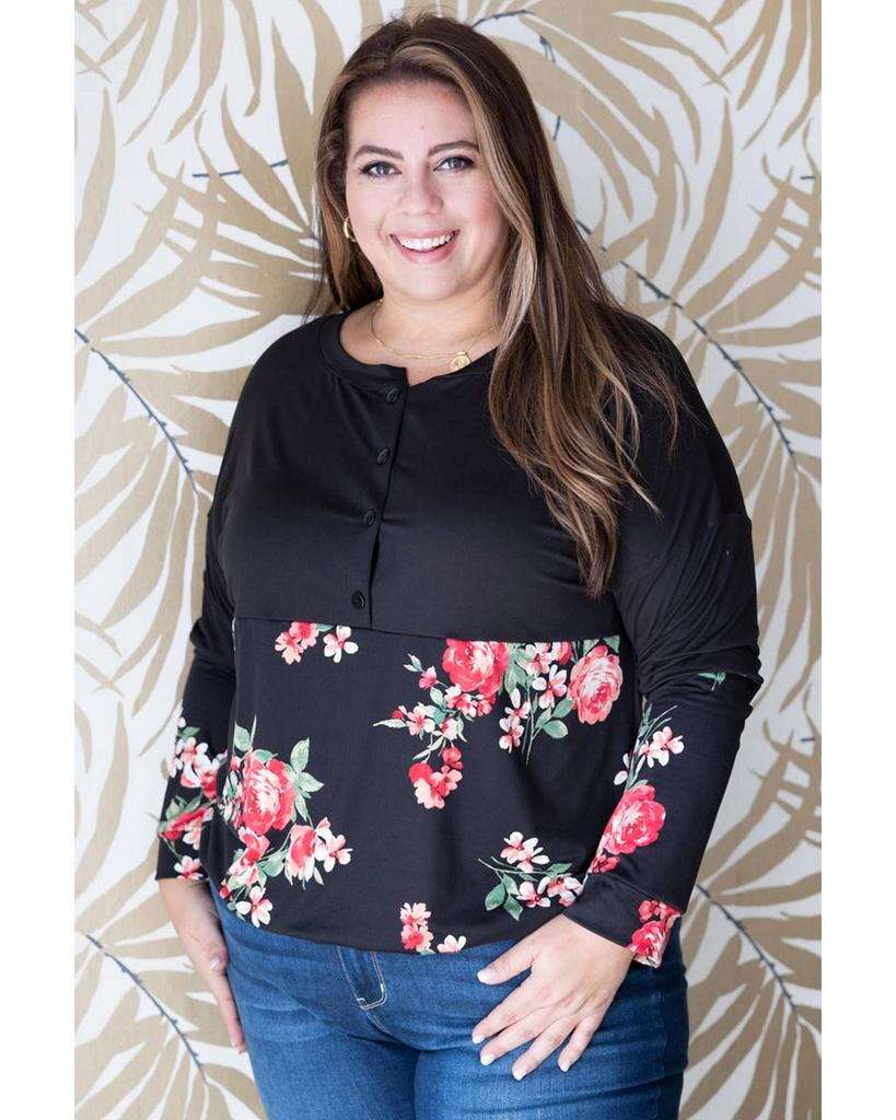 Azura Exchange Black Plus Size Floral Printed Splicing Half Button Top