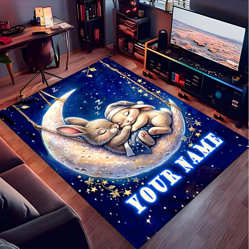 1PC Custom Name Bunnies Moon Theme Floor Mat Ideal for Living Room, Game Rooms, Office, Bedroom,Floor Mat Playful Design