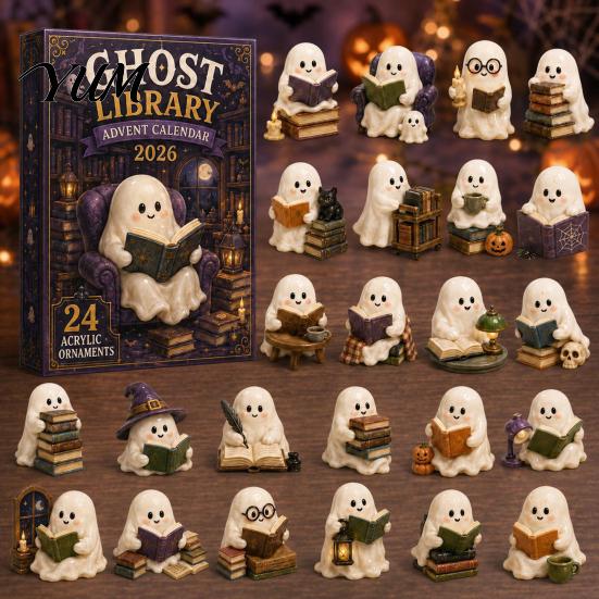 Retro Gift Box Packaging Halloween Advent Calendar, 24-Day Acrylic Ghost Figure Countdown Set Calendar with Diverse Themes, Cute Desk Decor,