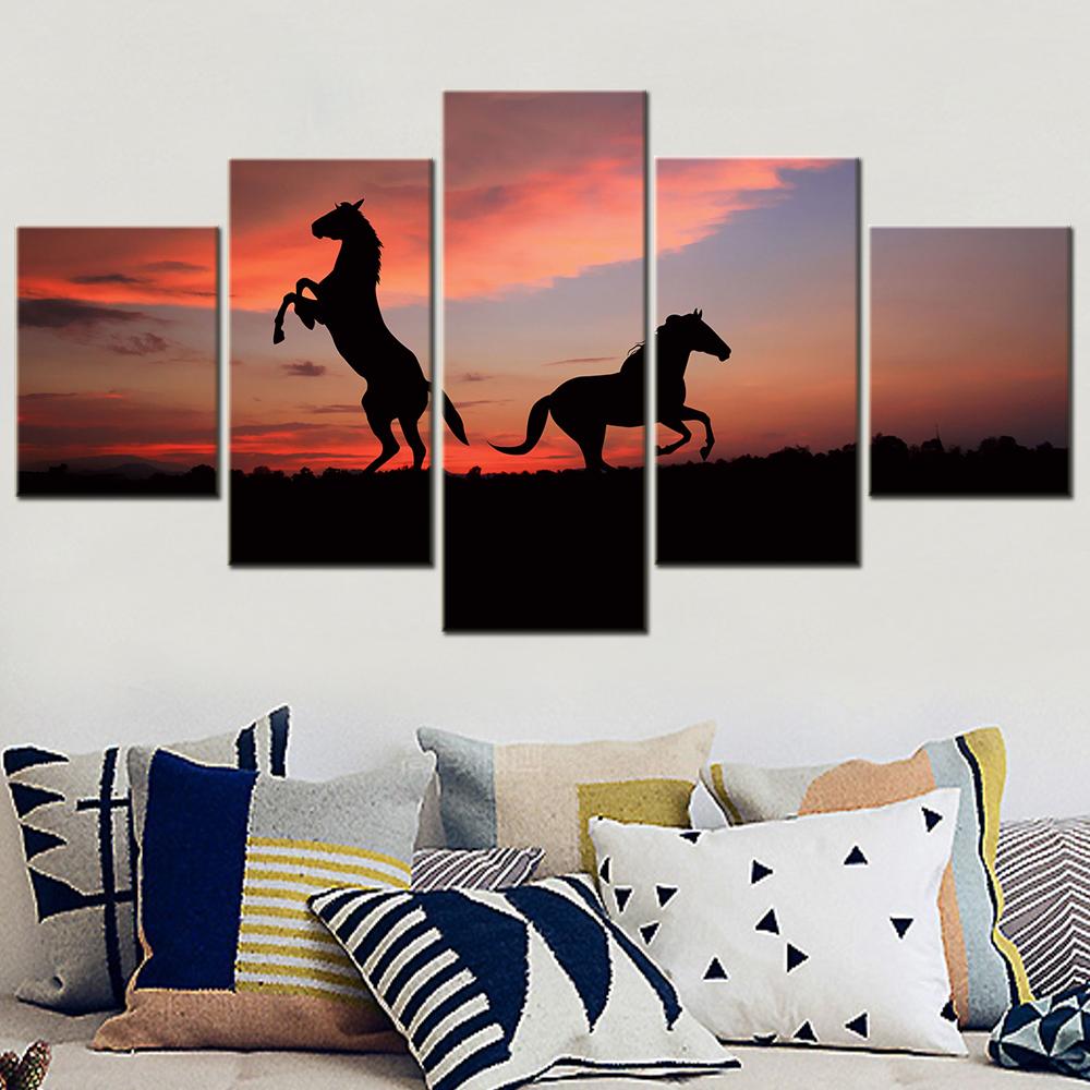 Horse Silhouette Sunset Wall Art Canvas Set Animal Paintings for Interior Modular Bedroom Decoration Modern Aesthetic Room Decor