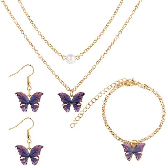 1 Set Dual Layers Butterflies Necklace Elegant Earrings Rhinestone Inlay Bracelet Jewelry Kit Accessories