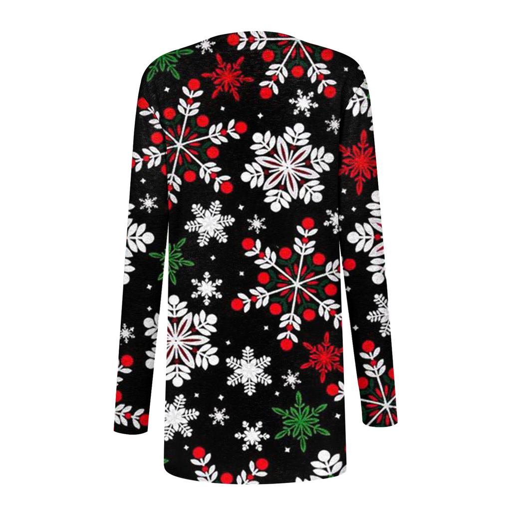 Women's Fashion Casual Christmas Print Medium Length Cardigan Jacket Coat