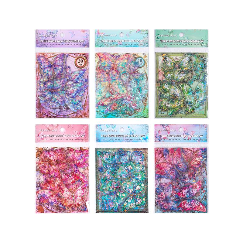 6 styles 20 pcs Gilt butterfly dream series vintage sticker PET material collage Scrapbooking Material Junk Journal Supplies