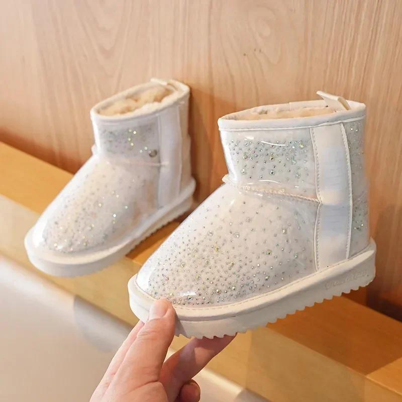 Fashion Children's Waterproof Non-slip Leather Boots Stylish and Shiny Kids Winter Fur Warm Shoes Girls' Plush and Thickened Snow Boots