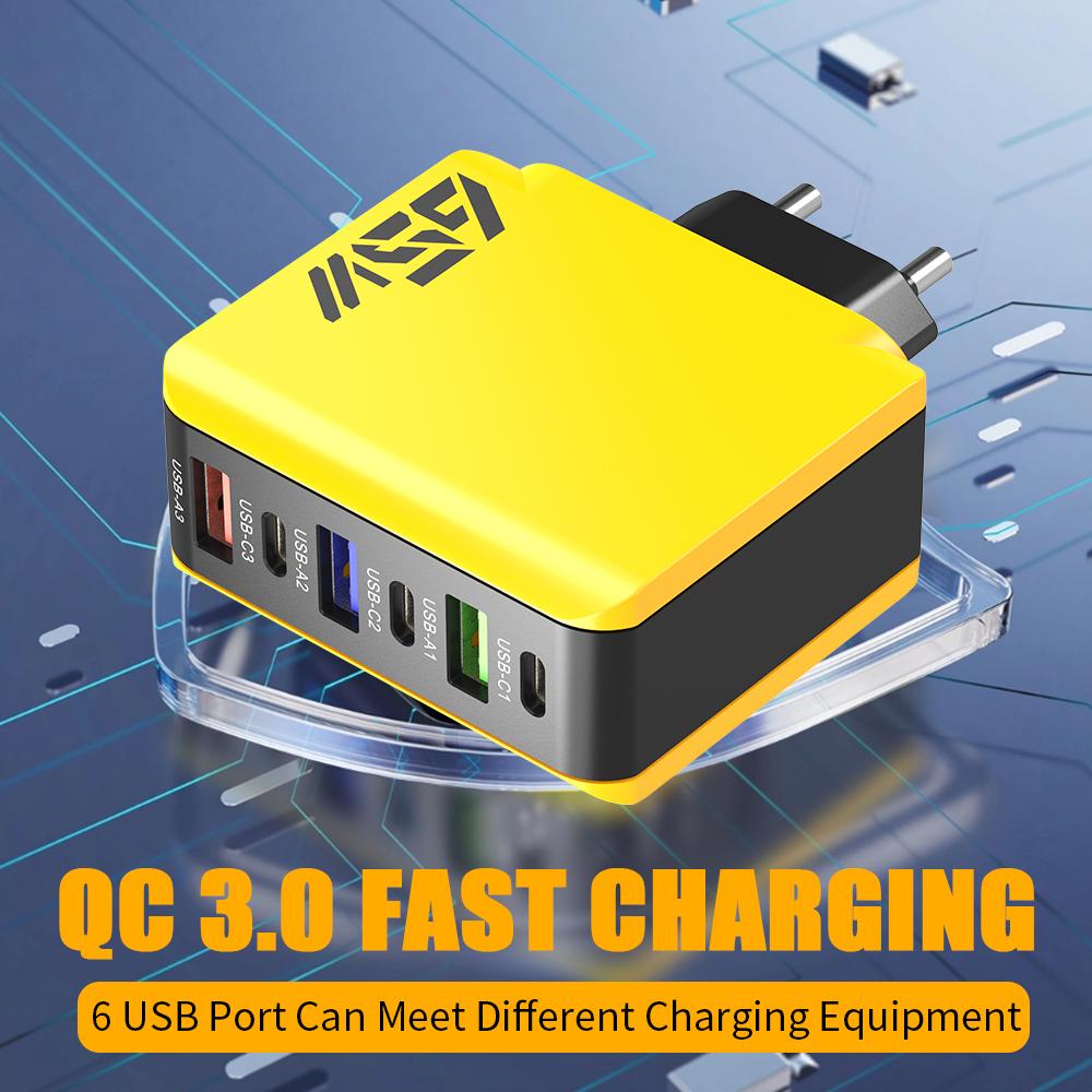 Total 65W Fast Charging USB Type C Charger 6 Ports Quick Charge 3.0 Adapter For Samsung Xiaomi iPhone Mobile Phone Wall Chargers