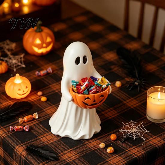 Lighted Ghost Decor Halloween Figurine with Pumpkin Candy Bowl, Cute Resin Statue, Freestanding Outdoor Garden Decoration Trick or Treat