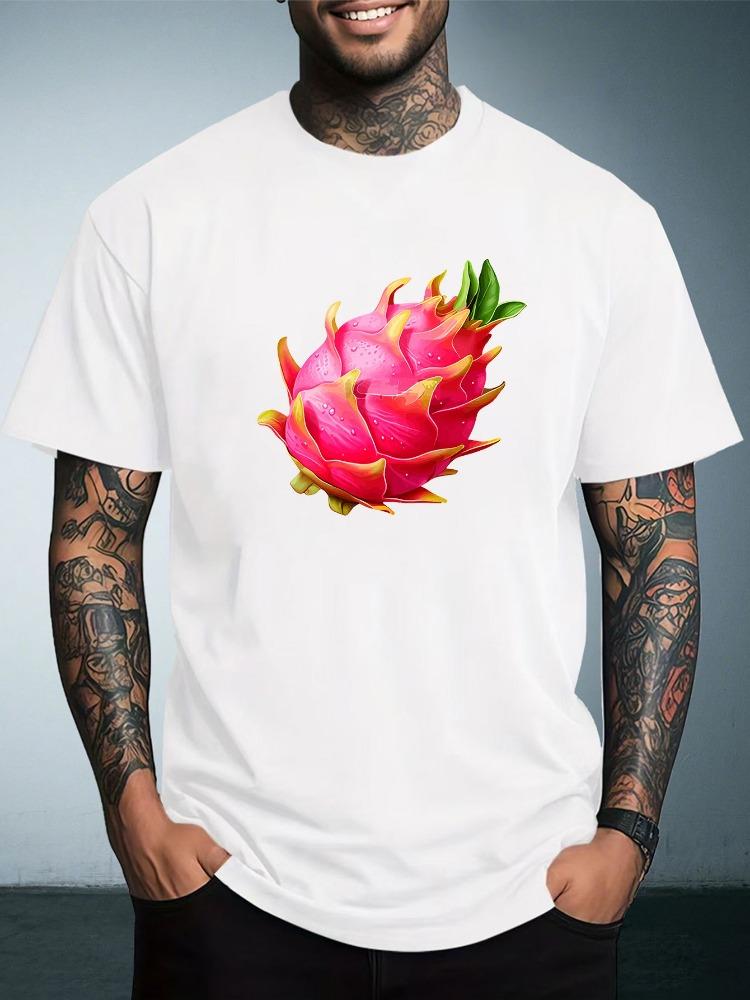 Unisex Summer White Short Sleeve Tee Vivid Red Pitaya Dragon Fruit Graphic Print Crew Neck Loose Casual Male Daily Tops