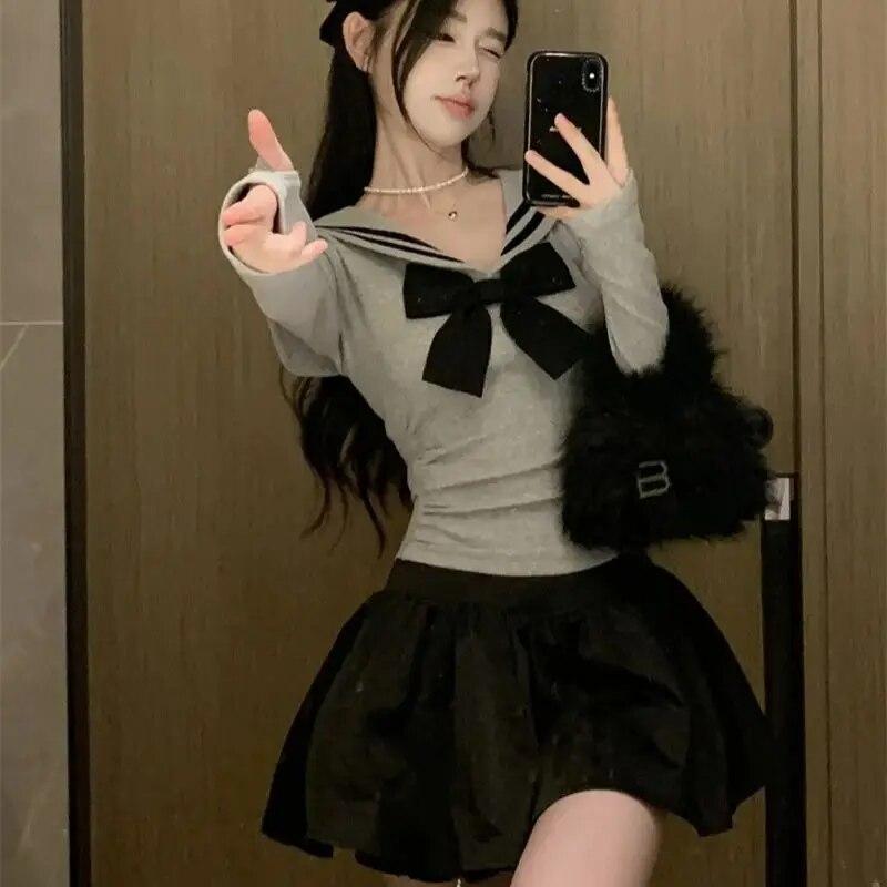 Sailor Collar Short T-shirts Women Bow Striped Long Sleeve Irregular Slim Tops Spring Autumn Japanese Style Sweet Cute Fashion