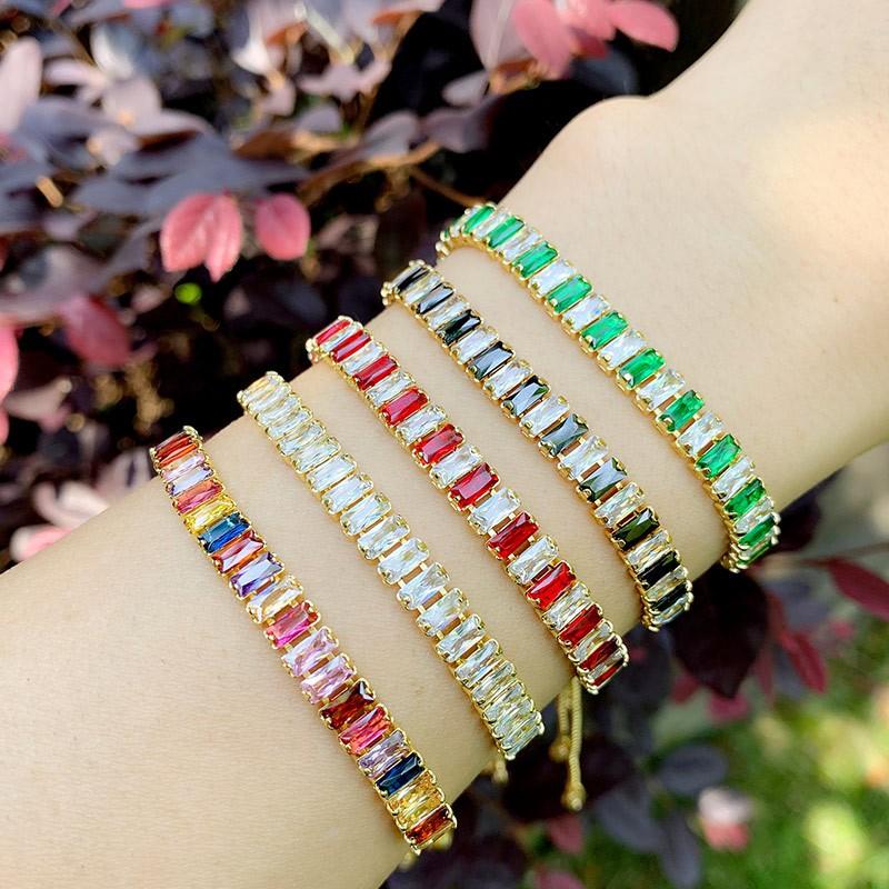 Adjustable Pull-String Zircon Bracelet Women 18K Gold Plated Copper With Multicolor Cubic Zirconia Geometric Design