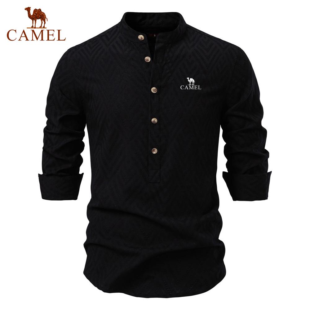 Camel 2025 Spring/Summer Embroidery New Large Stand Up Collar Shirt Men's Solid Color Casual Men's Long Sleeve Shirt