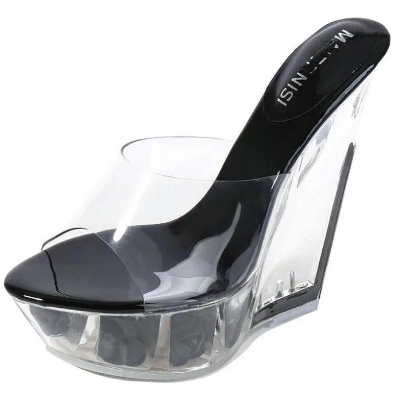 Sexy Ultra-high Heel Cool Slippers High Transparent Slope Crystal Waterproof Platform Sexy Open-toed Sandals WZ