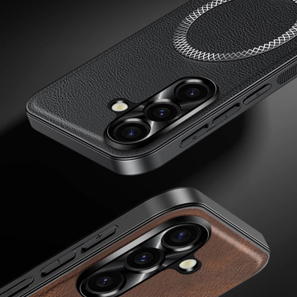 Для Samsung Galaxy S25 Чехол Совместимый с MagSafe PU TPU PC Задняя крышка телефона с металлическим обрамлением объектива