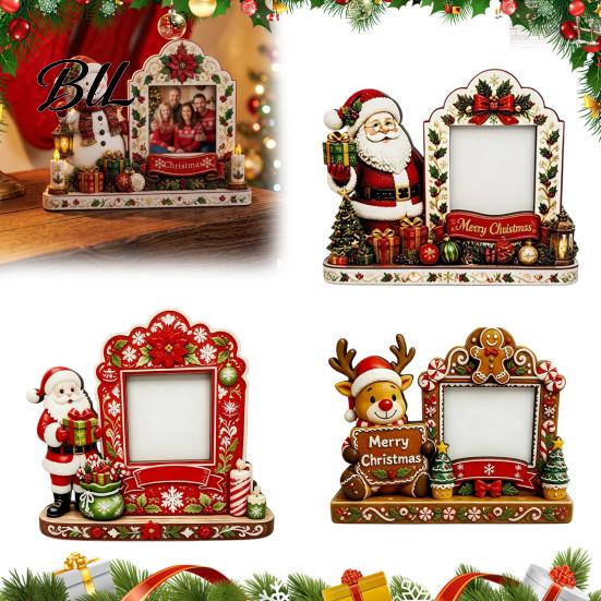 Wooden Picture Frame for Home Decor Christmas 2D Frame, Painted Snowman Santa Photo Xmas Vintage Desktop Tabletop Keepsake Ornament, Holiday