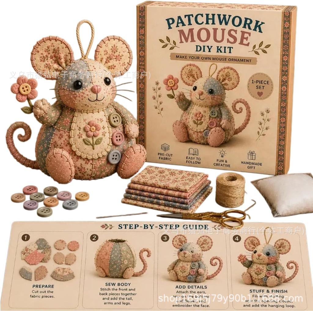 DIY Sewing Kit Stuffed Animal Craft Patchwork Mouse Plush Toy Making Set Handmade Educational Gift for Kids Adults