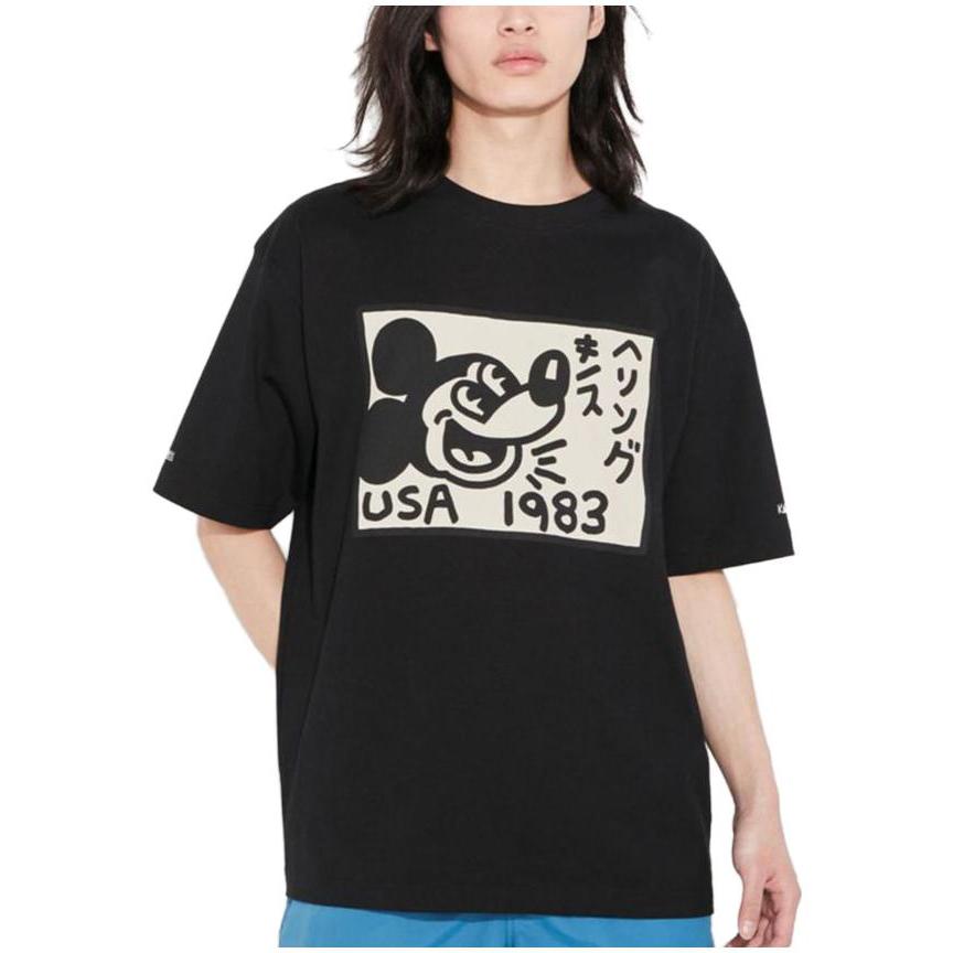Uniqlo Черная футболка унисекс с коротким рукавом и спущенной линией плеча, принт Микки Маус 456306-09