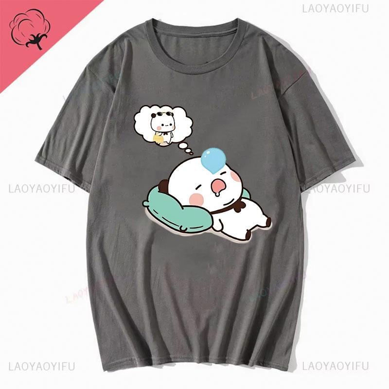 Парные футболки Каваи Милые БуБу Панда Засыпает с Мишкой ДуДу Графическая футболка Смешная Хлопковая Унисекс Одежда Одежда для Влюбленных