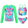 3pcs Kids Girls Swimsuit Sun Protection Rash Guard Shirt Bathing Suit Long Sleeves Coat with Vest Top and Briefs