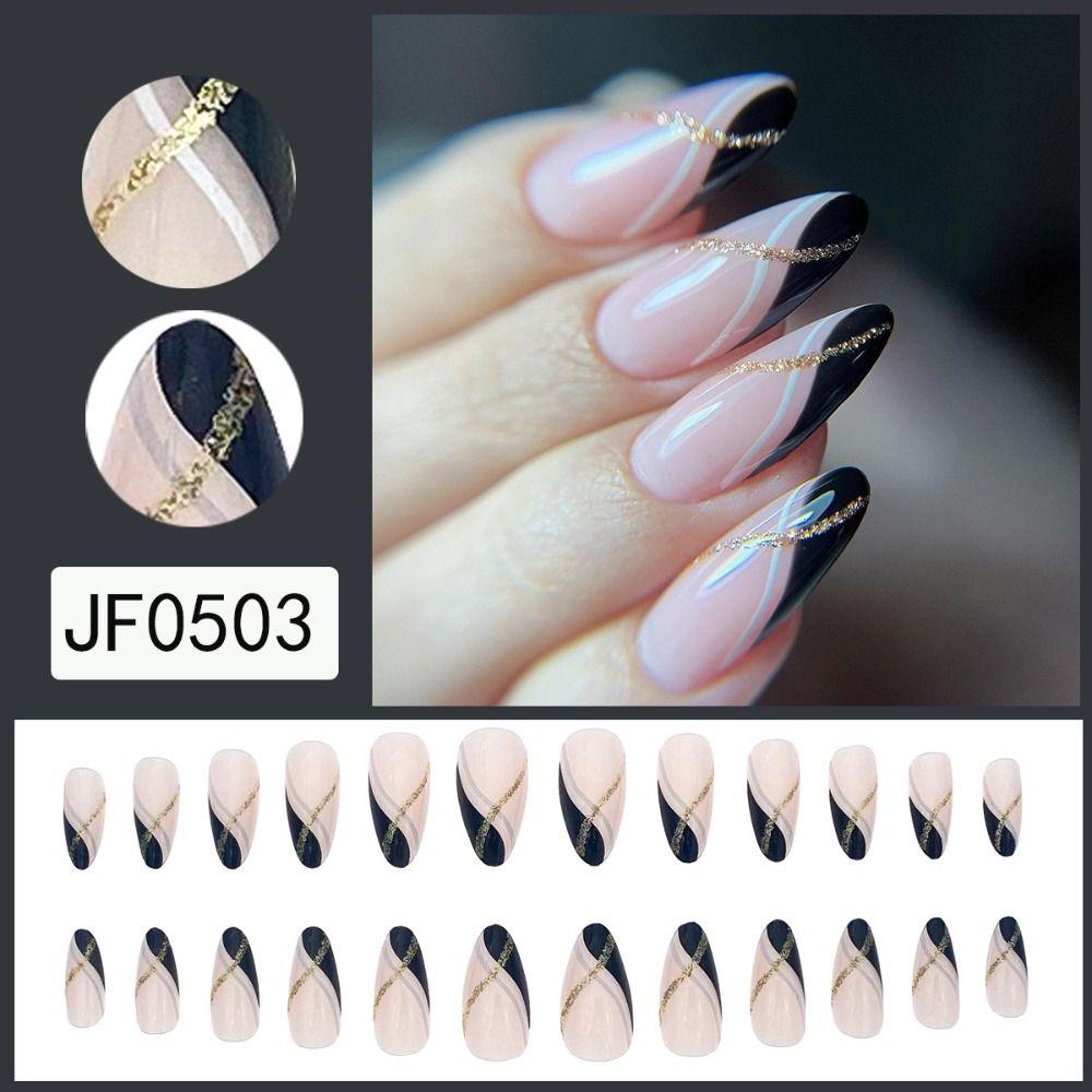 24pcs Nail Tips Fake Nials Press On Nails Glitter White Edge False Nails Long Almond French