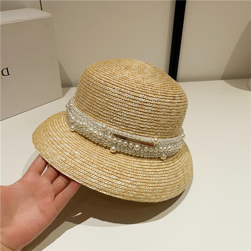 Винтажная соломенная шляпа с жемчужной отделкой, соломенная шляпа-колокол с широкими полями, солнцезащитная соломенная шляпа-цилиндр, женская шляпа Xia Hepburn, элегантная пляжная шляпа