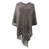Women Autumn Cape Knitting Tassel Hollow Out Bohemian Solid Color Loose V Neck Irregular Plus Size Hem Shawl Fall Poncho