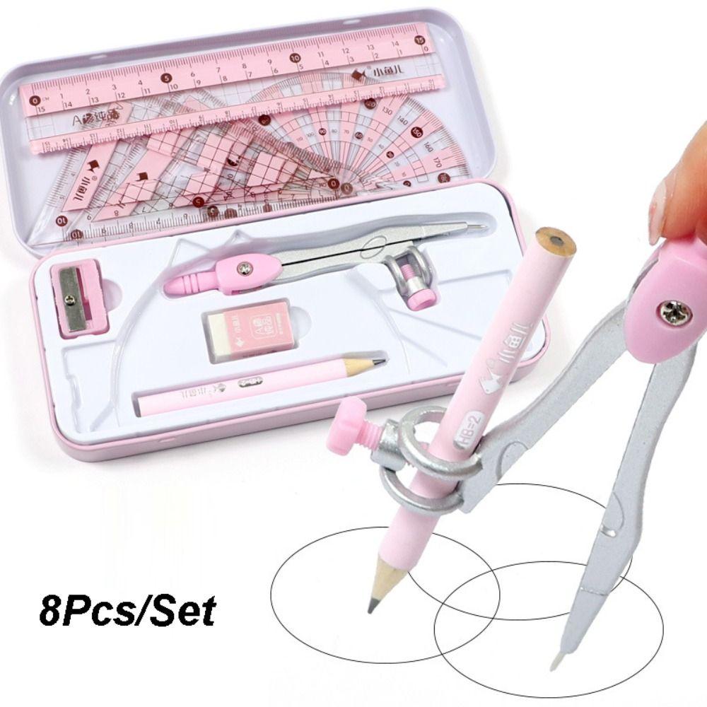 8Pcs/Set Metal Box Ruler Compass Set Multi-Function Drawing Stationery  Students Gifts