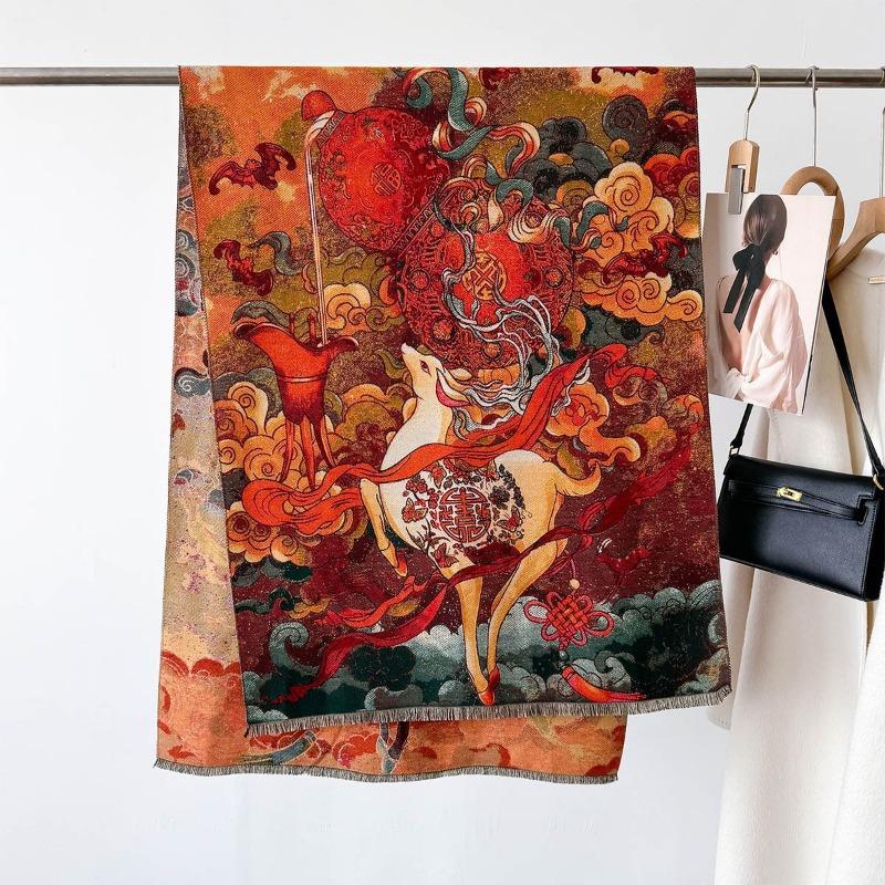 Scarf Women's New Autumn and Winter Jacquard Craftsmanship Imitation Cashmere Thickened Shawl Dunhuang Series Warm Scarf