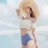 Ruffles [88flix] Swimsuit, Korean, Off-the-shoulder, Body-covering, Separate, High-waisted, Women's, (M)