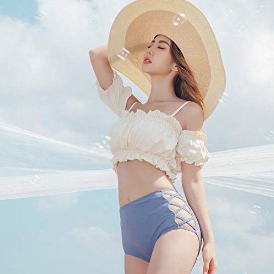Ruffles [88flix] Swimsuit, Korean, Off-the-shoulder, Body-covering, Separate, High-waisted, Women's, (M)