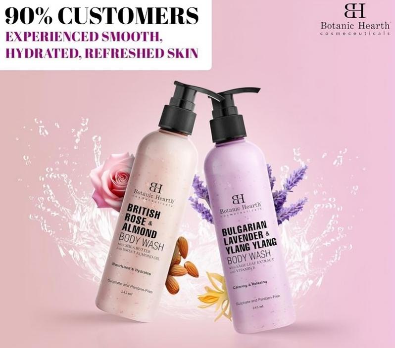 Botanic Hearth British Rose & Almond Body Wash with Shea Butter Smoother Skin, Sulfate & Paraben Free, for Women & Men 245ml