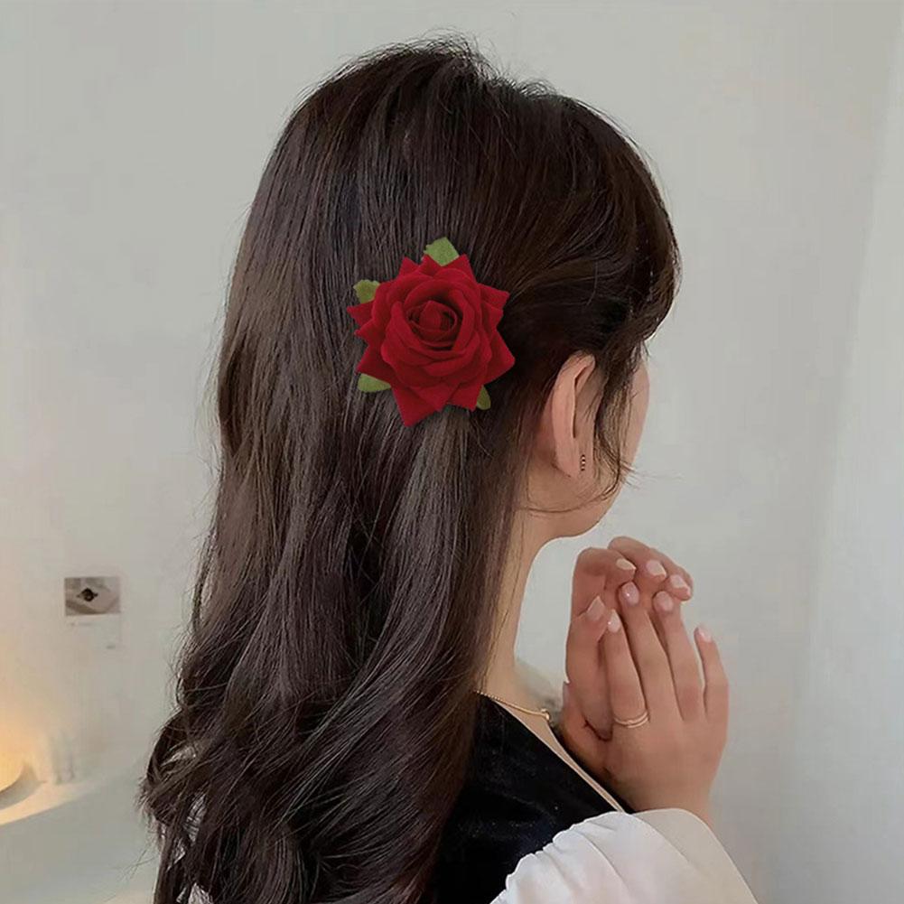 1pcs Retro Red Pink Rose Flower Hairpi Duckbill Clip Flower Brooch Women Hair Accessories Fashion Hair Clips Photo Props