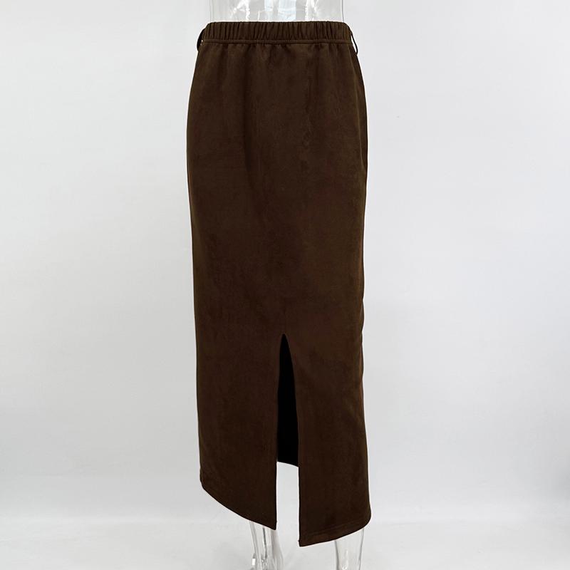 Замшевая Юбка Женская 2026 Весна Искусственная Замша Кожа Обычная Посадка Юбка-Карандаш Ретро Высокая Талия Для Поездок На Работу Винтажная Длинная Юбка Femme