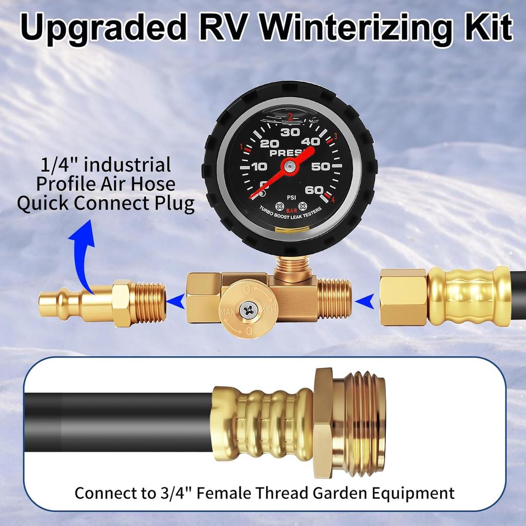 Upgraded RV Winterizing Kit, 17Inch RV Blowout Hose Adapter Kit With Oil Pressure Gauge & Shut Off Valve, Boat Winterizing Kit Camper Blow Out