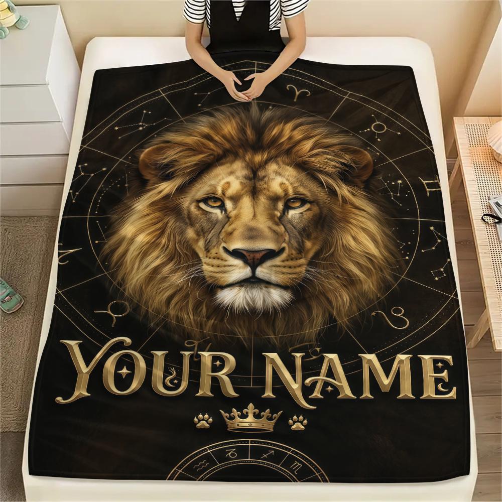 1PC Custom Name Royal Lion Majesty Patterned Flannel Blanket Suitable For All Seasons for Home Decor Warmth and Comfort Gifts Holiday Present_lx