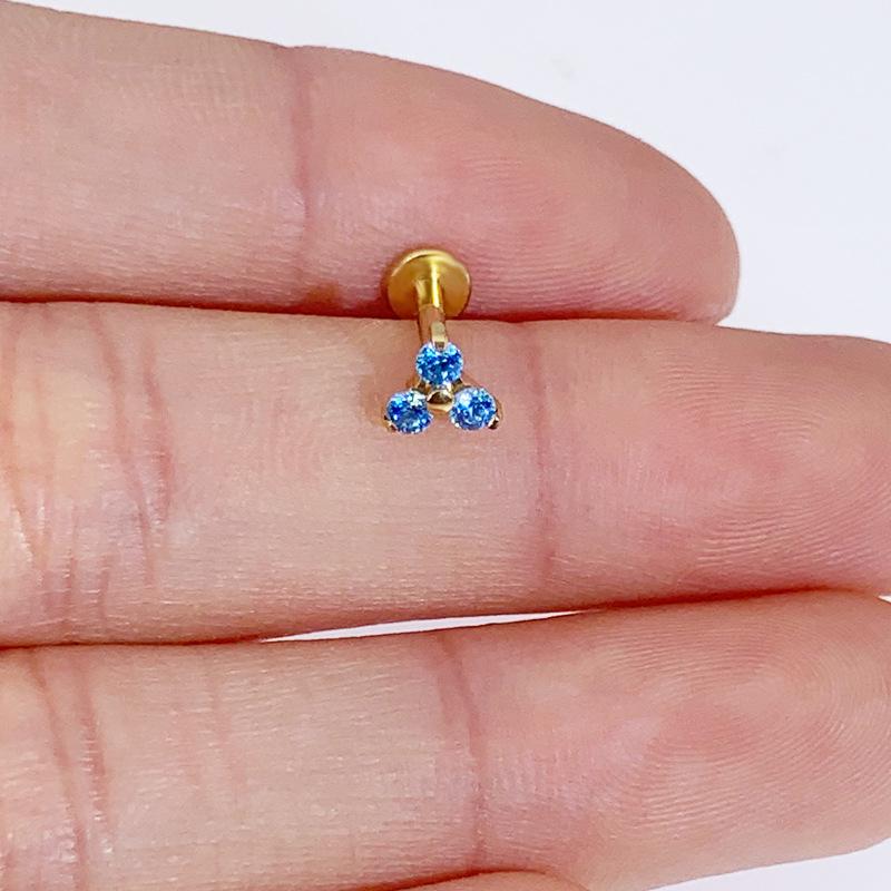 Титановый треугольник ASTM F-136 с паве из цирконов, серьга-пусет для хряща и губы с внутренней резьбой