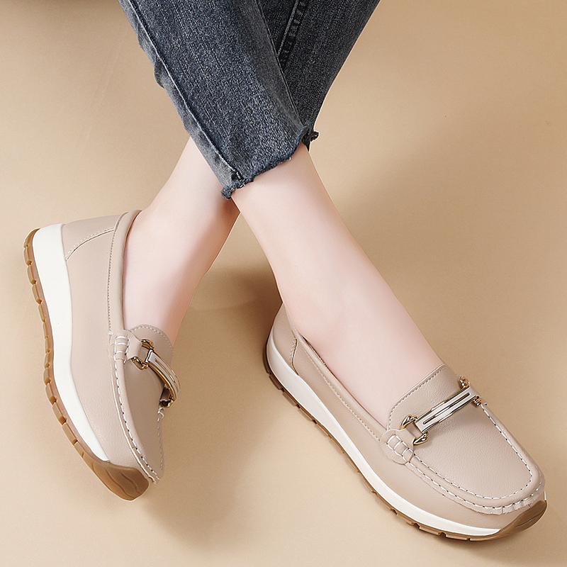 Pacecraft Shoes Women's Cowhide Loafers with Metal Buckle, Comfortable Casual Flat Shoes