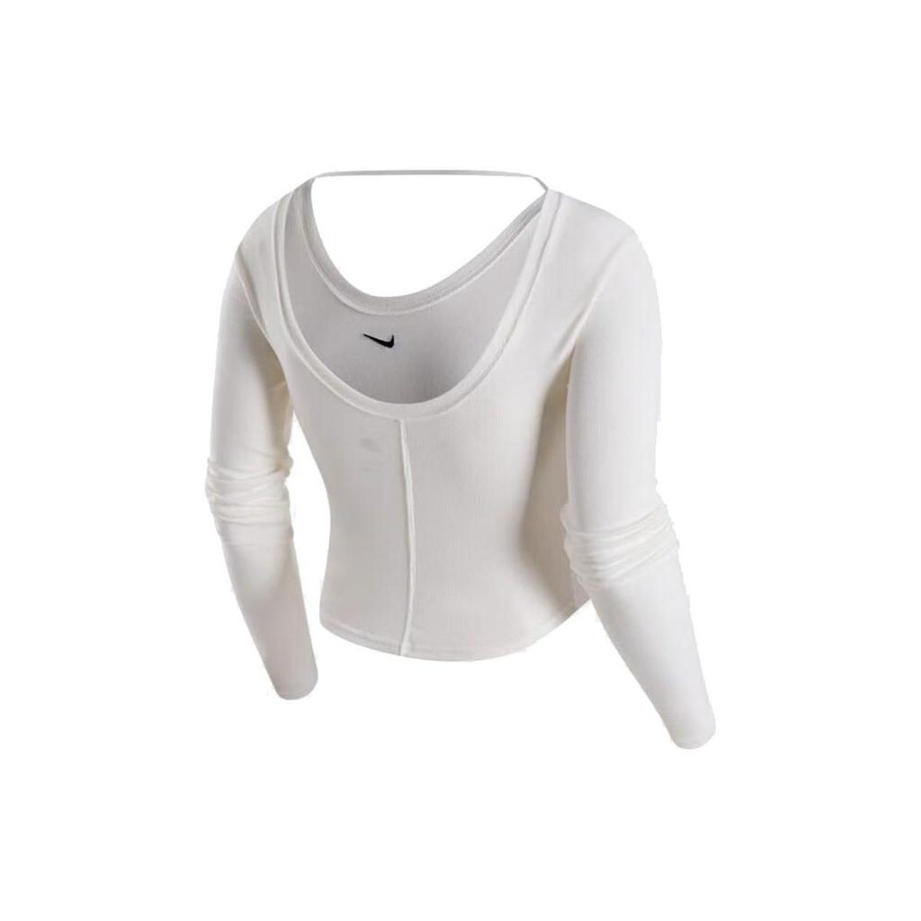 Nike Сплошной цвет с круглым вырезом, повседневная футболка с длинным рукавом, женские топы, белые FN3662-133