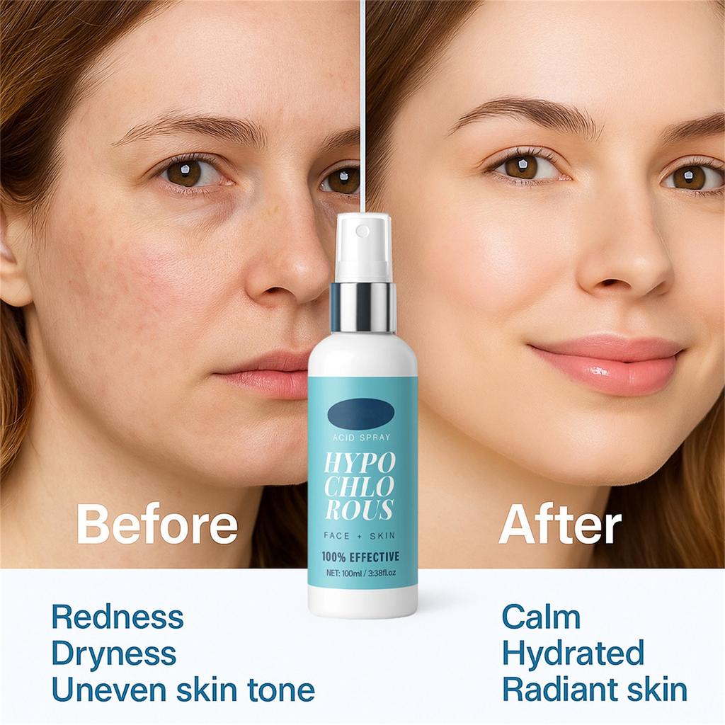 Гипохлористая вода спрей 100 мл Успокаивает, Эффективно снимает покраснение и раздражение, Поддерживает увлажнение кожи в течение всего дня и Восстанавливает естественный барьер кожи