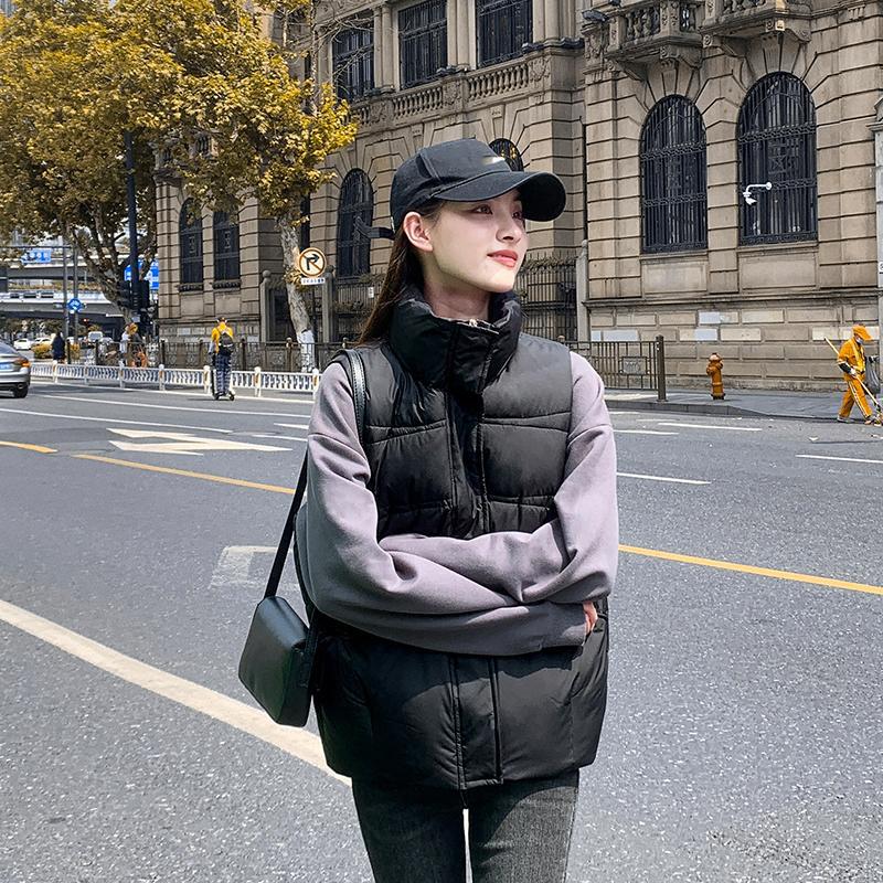 Women Autumn Winter Stand Collar Solid Color Sleeveless Big Pocket Coat Warm Short Cotton Vest