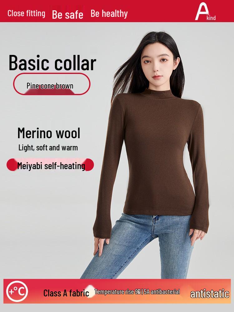 Autumn/Winter Wool Long-Sleeve Velvet Cotton Mid-Neck Women's Fashion Top