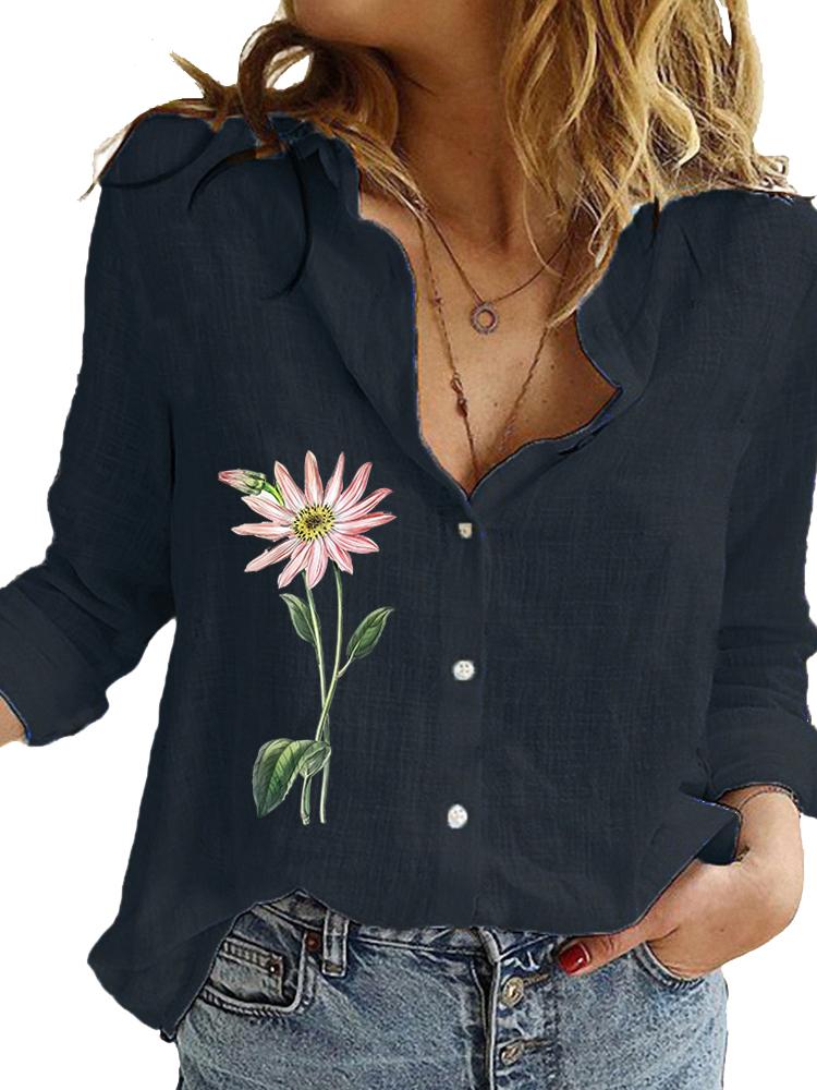 Женская модная рубашка с цветочным принтом Весна-лето Свободный топ Женская повседневная хлопково-льняная блузка
