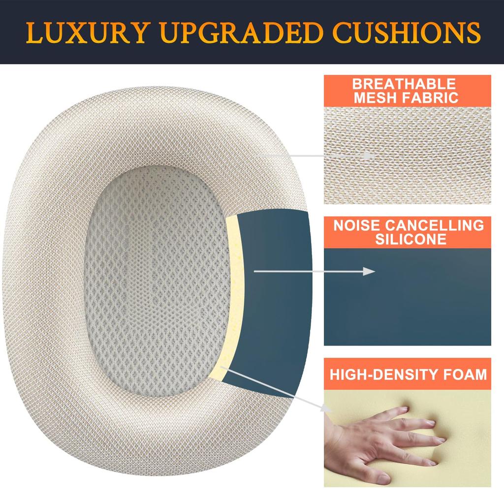 SOULWIT Replacement Ear Pads and Cushions for Airpods Max Over-Ear Headset, Durable Mesh Fabric Head Pads with Soft Foam Ear Cups - Starlight