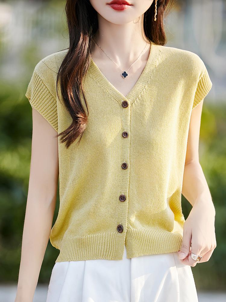 Linen V-neck Knit Cardigan - Women's Short Sleeve, Summer 2026, Solid Color, Loose Fit.