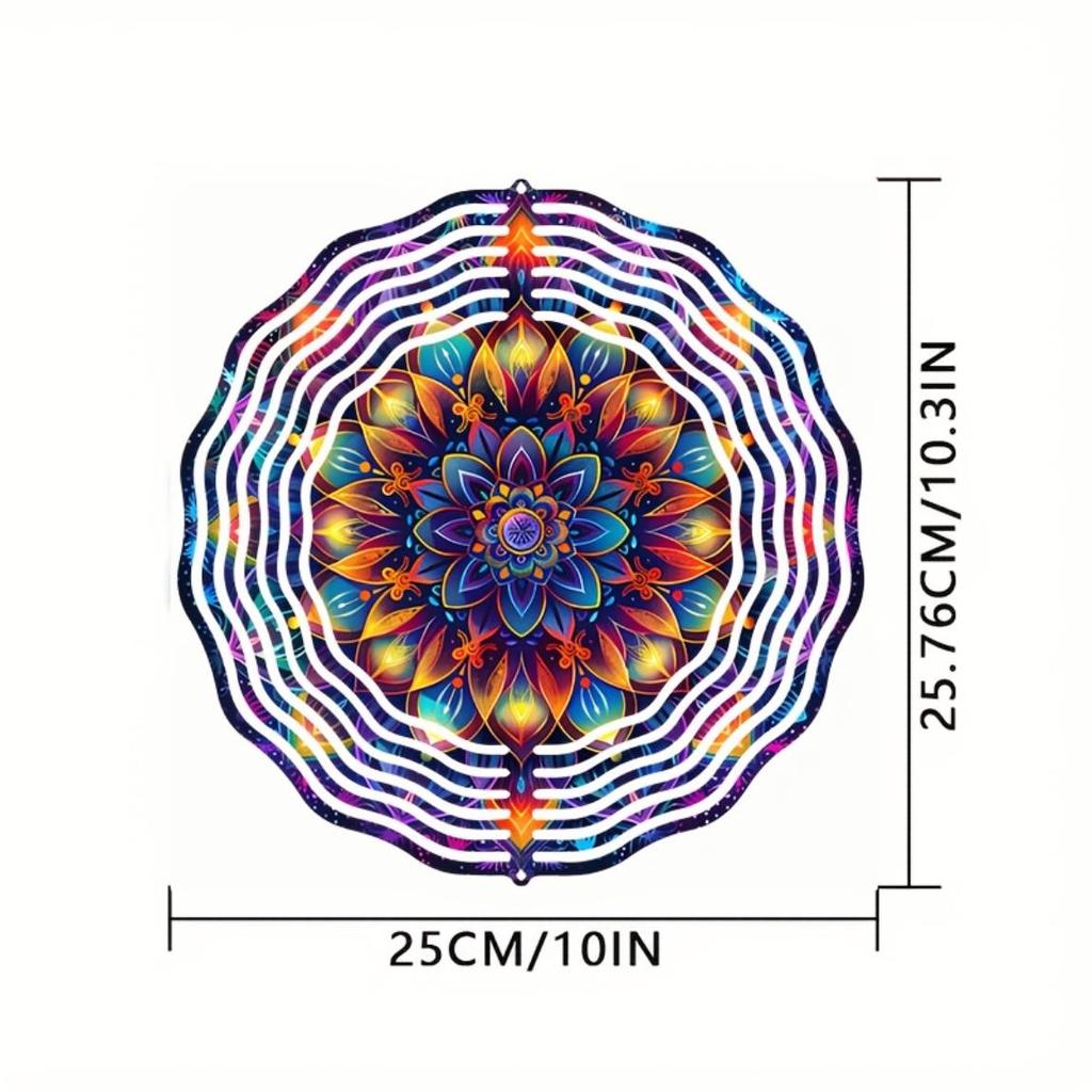 10-Inch Colorful Mandala Wind Spinner – 3D Laser-Cut Metal Art Decor, 360° Rotating Hook for Indoor/Outdoor Use – Vibrant Geometric Garden Spinner