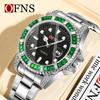 Мужские часы OFNS Green Water Ghost Quartz с бриллиантовыми акцентами, черным циферблатом, календарем и водонепроницаемым стальным браслетом.