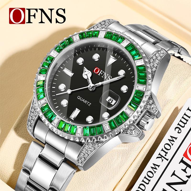 Мужские часы OFNS Green Water Ghost Quartz с бриллиантовыми акцентами, черным циферблатом, календарем и водонепроницаемым стальным браслетом.