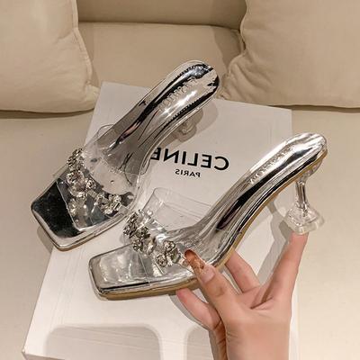 Прозрачные сандалии женские летние новые для улицы рюмка и французские стразы хрустальные высокие каблуки женские крутые шлепанцы тренд