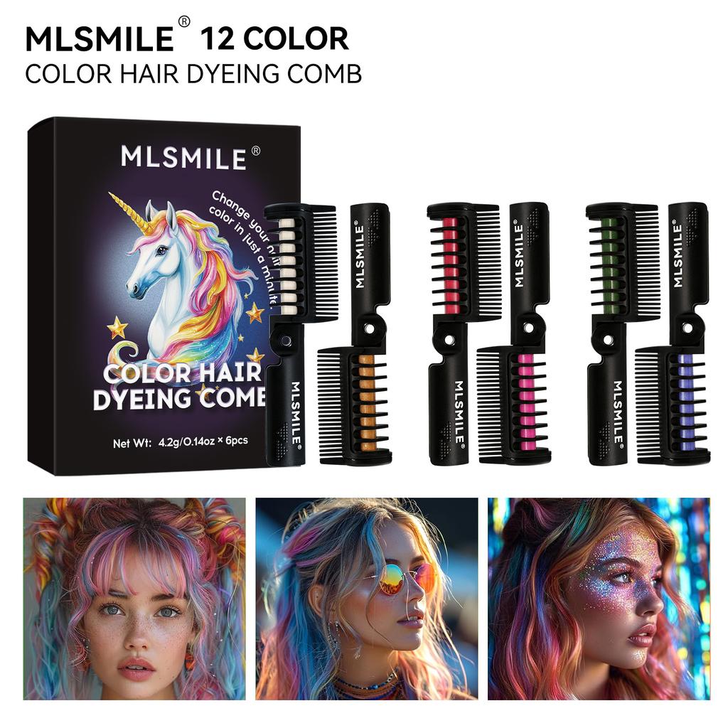 MLSMILE Набор цветных мелков для волос, 6 штук, Одноразовая расческа-краска для волос, Палочка для временного окрашивания прядей волос своими руками, Инструмент для макияжа для вечеринки