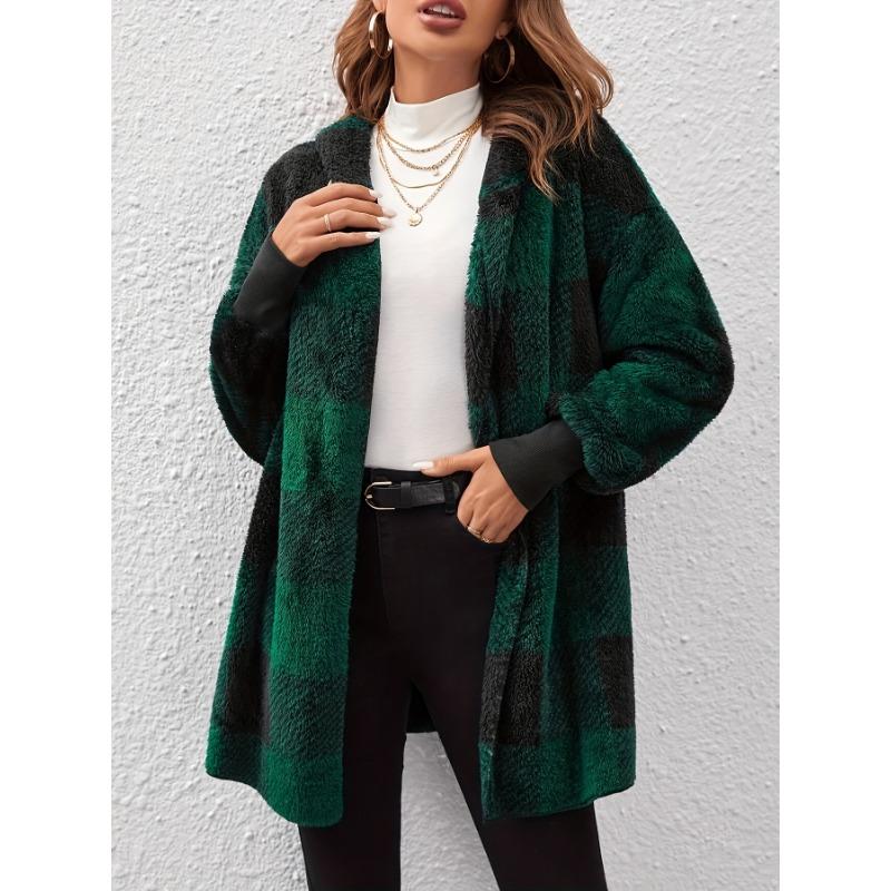 Клетчатый принт с открытым передом, пушистое пальто, повседневное пальто с длинным рукавом и капюшоном для осени и зимы, женская одежда